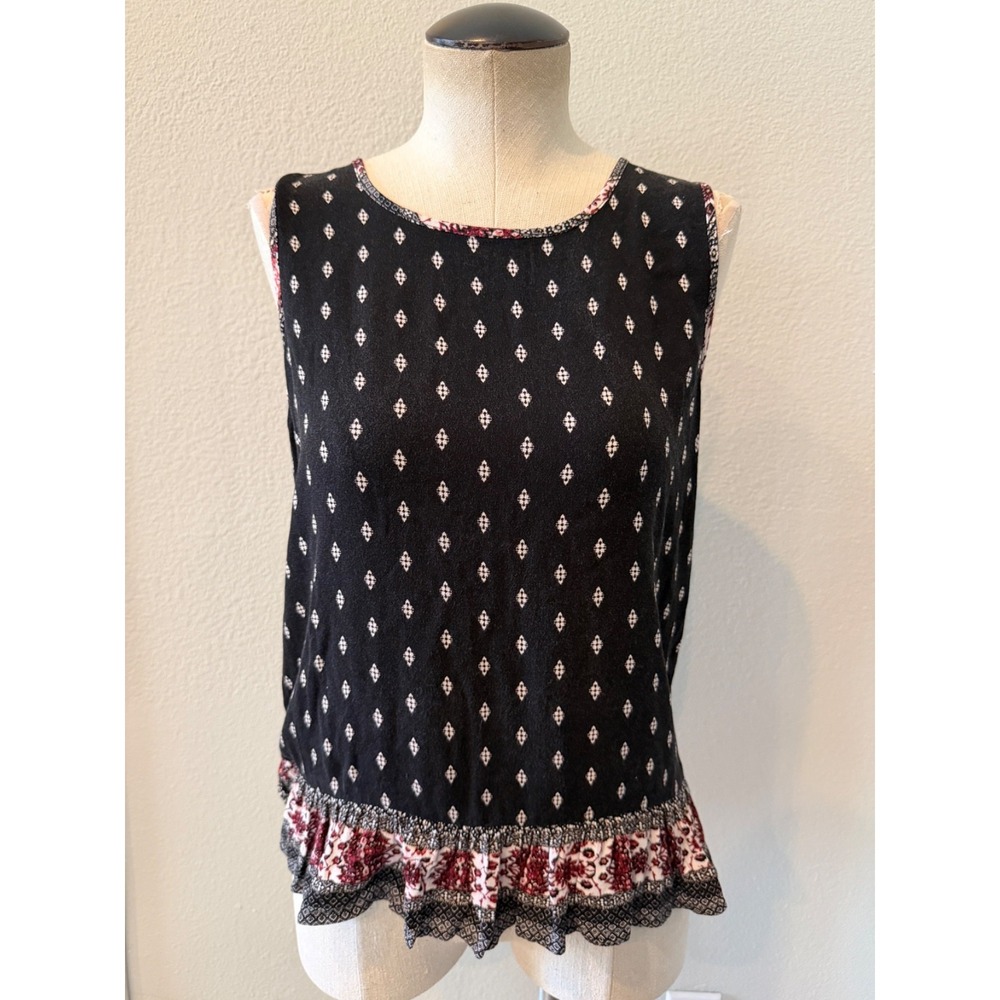 Knox Rose Womens S Black Floral Boho Ruffle Hem Sleeveless Blouse Rayon